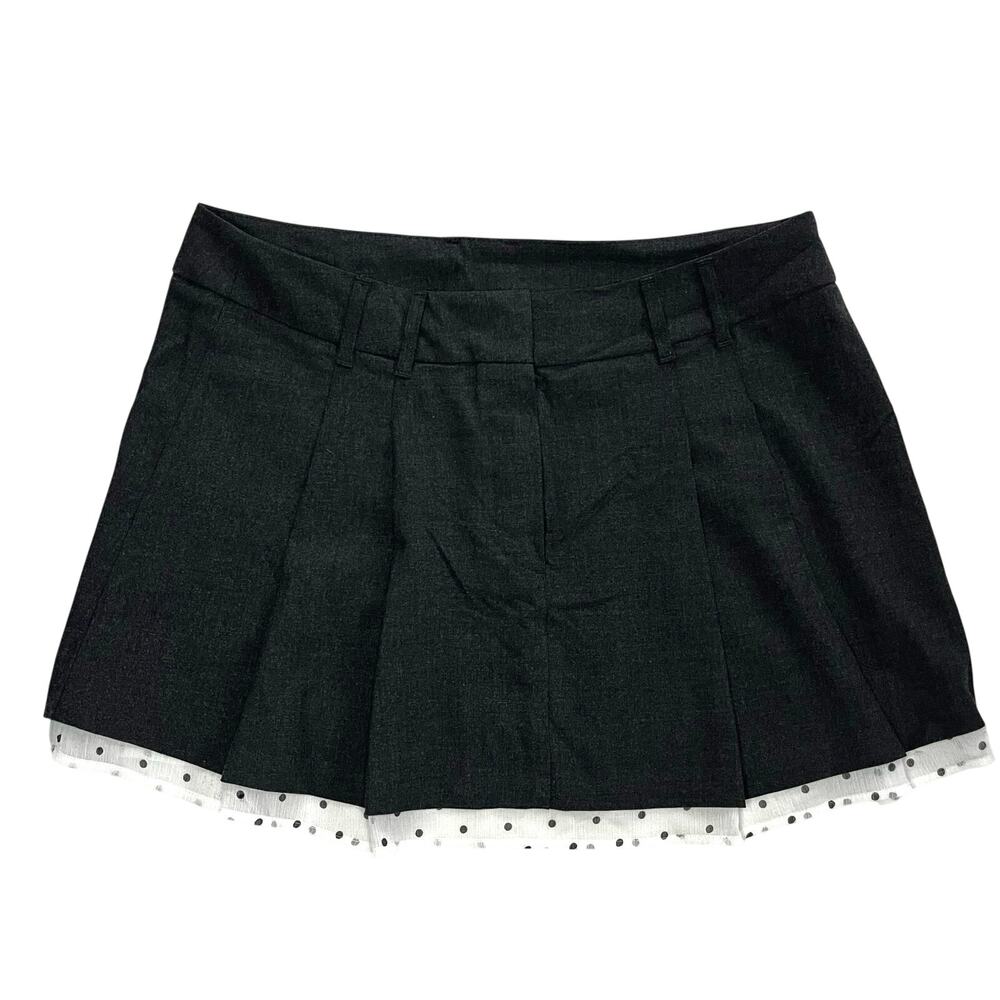 H&M Y2K Micro Mini Skirt Gray Pleated School Girl Polka Dot Trim Size 12